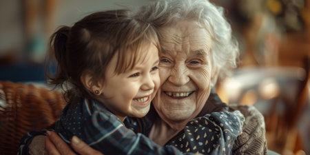Capture the heartwarming moment of a young child visiting an elderly relative in a nursing homeの素材