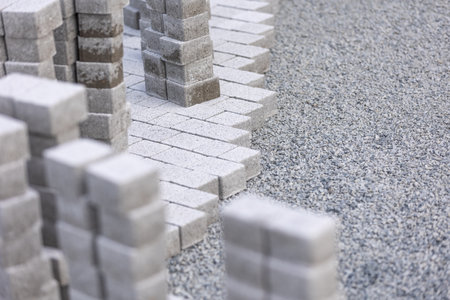 Process of building new path made from concrete blocks, interlocking paveの写真素材