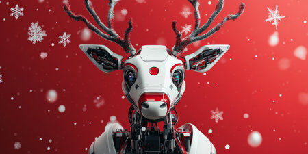 Robot reindeer posing with antlers on red background with snowflakesの素材