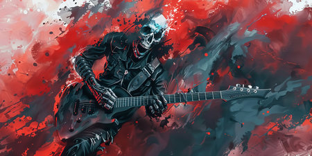 Skeleton guitarist playing rock music with passionate energyの素材