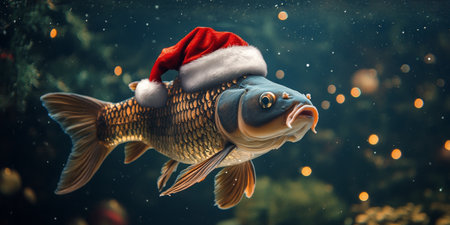 Big fish wearing santa claus hat swimming in aquariumの素材
