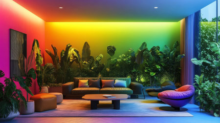 Modern living room featuring rgb lighting and lush greeneryの素材