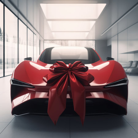 Red sports car with a big red bow in a showroomの素材