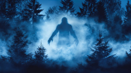 Bigfoot emerging from fog in a dark forest at nightの素材