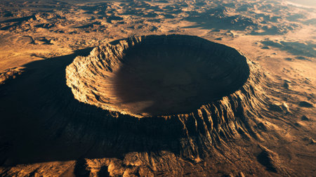 Huge crater dominating the barren landscape of a distant planetの素材