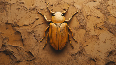 Golden beetle resting on textured sand surfaceの素材