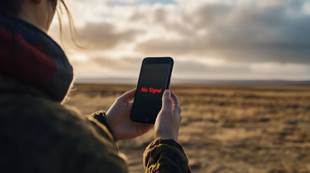 Woman holding smartphone with no signal in desert landscapeの素材