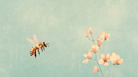Honey bee flying towards blooming peach flowers on light green backgroundの素材