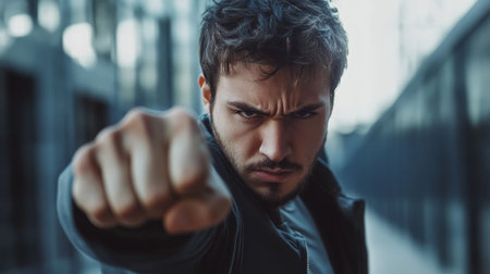 Angry man throwing punch in urban settingの素材