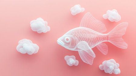 White wireframe fish swimming in pink sky with fluffy clouds, surreal conceptの素材