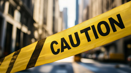 Yellow caution tape blocking access to city streetの素材