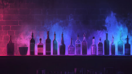 Bottles of alcohol resting on shelf in smoky bar with neon lightsの素材