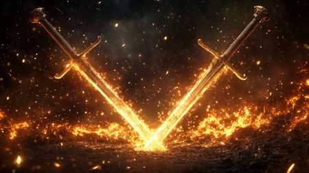 Two swords clashing, creating sparks and flames in the darkの素材