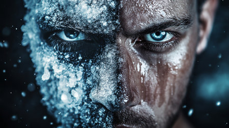 Frozen man showing half face with intense look and icy skinの素材