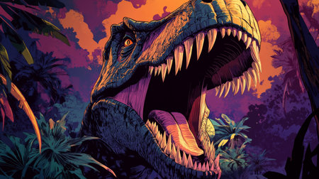 Tyrannosaurus rex roaring in lush prehistoric jungle at sunsetの素材