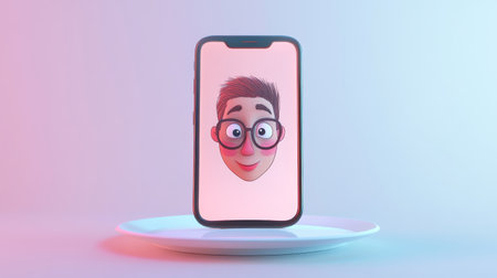 Cartoon character showing on a smartphone screen placed on a plate with colorful backgroundの素材