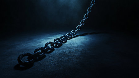 Heavy metal chain lying on dark concrete floor under blue spotlightの素材