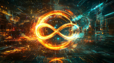 Infinity symbol shining in digital cyberspace representing limitless possibilitiesの素材