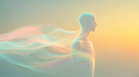 Human figure with flowing energy in soft pastel colorsの素材