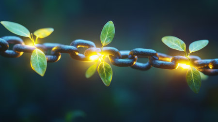 Growing plants breaking metal chain links in the darkの素材