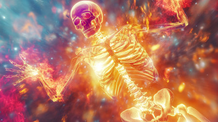 Flaming skeleton floating in colorful space dust and nebulaeの素材