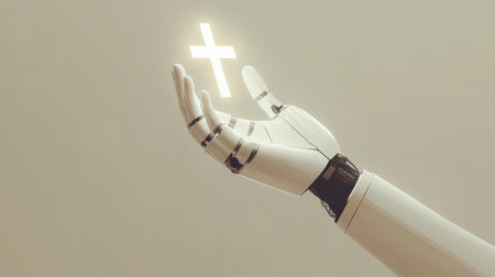 Robotic hand holding glowing cross symbolizing artificial intelligence and religionの素材