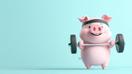 Smiling pig lifting weights on turquoise background: fitness and health conceptの素材