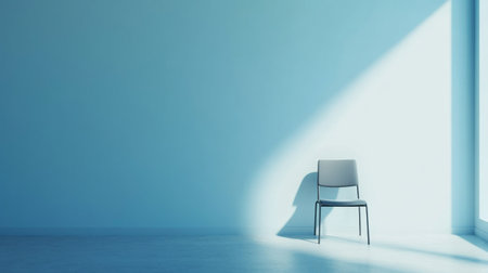 Empty chair casting shadow in sunlit minimalist room with blue wallsの素材