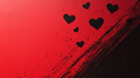 Black hearts floating on red and black grunge backgroundの素材