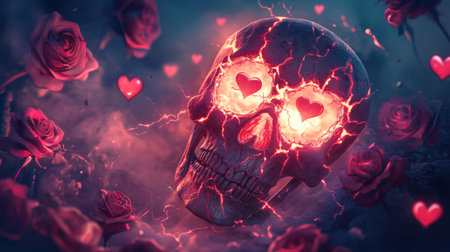 Flaming skull with heart-shaped eyes exploding with love among rosesの素材