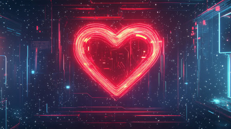 Glowing neon red heart representing online love and affection in digital worldの素材
