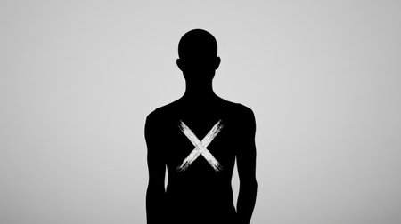 Silhouette of a man showing a white cross painted on his chestの素材