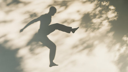 Shadow of athlete kicking in mid-air with blurred backgroundの素材