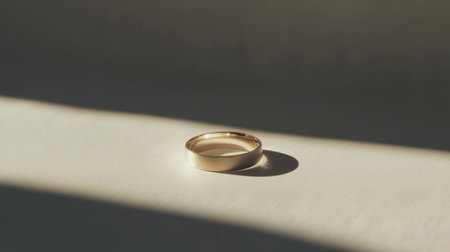 Golden wedding ring casting a shadow on white surfaceの素材