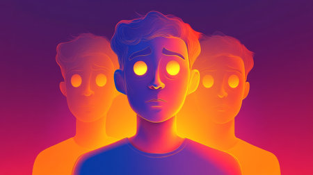 Young man feeling anxious with glowing eyes and blurred faces behind himの素材