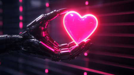 Robot hand holding glowing pink heart: artificial intelligence and loveの素材