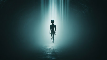 Alien floating in beam of light: mysterious and atmospheric sceneの素材