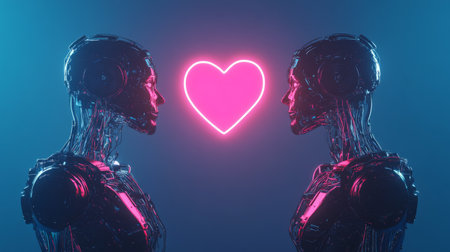 Two robots falling in love with neon heart: artificial intelligence and romanceの素材