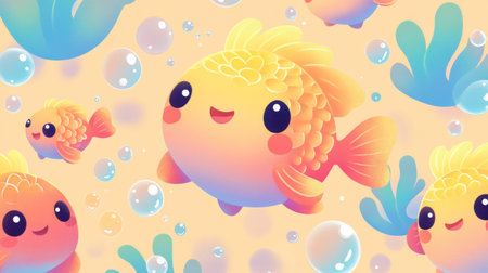Cute goldfish swimming underwater with bubbles and seaweed: seamless pattern designの素材