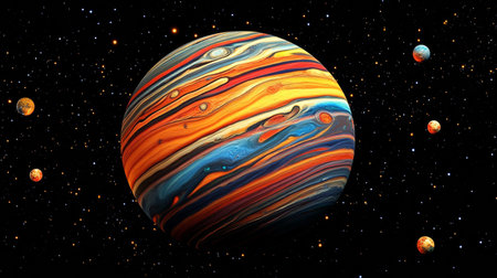 Colorful jupiter-like planet rotating in the starry cosmosの素材