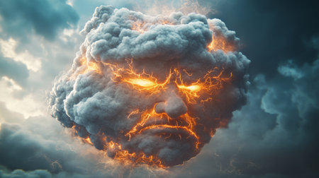 Angry face forming in dramatic burning storm cloud with lightningの素材