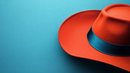 Elegant orange fedora with blue ribbon on turquoise backgroundの素材