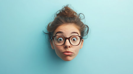 Surprised young woman wearing eyeglasses making funny face on blue backgroundの素材