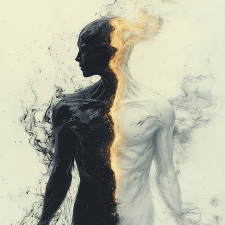 Human divided in two by golden energy, showing duality conceptの素材