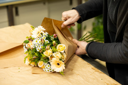 Florist wrapping beautiful bouquet of peach and cream flowersの写真素材