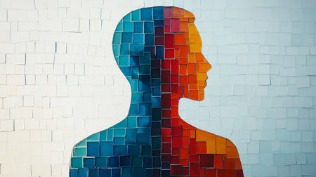 Human bust emerging from colorful mosaic tiles on white wallの素材