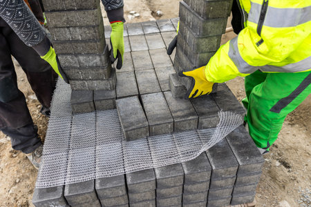 Construction workers placing paving stones on mesh for road paving