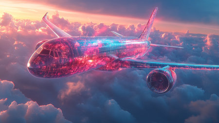 Futuristic transparent airplane flying above clouds at sunsetの素材