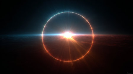 Bright light shining through glowing circle in spaceの素材