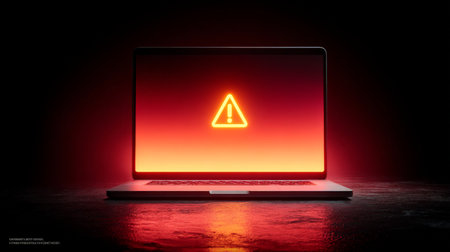 Laptop showing warning alert sign on red background in dark roomの素材